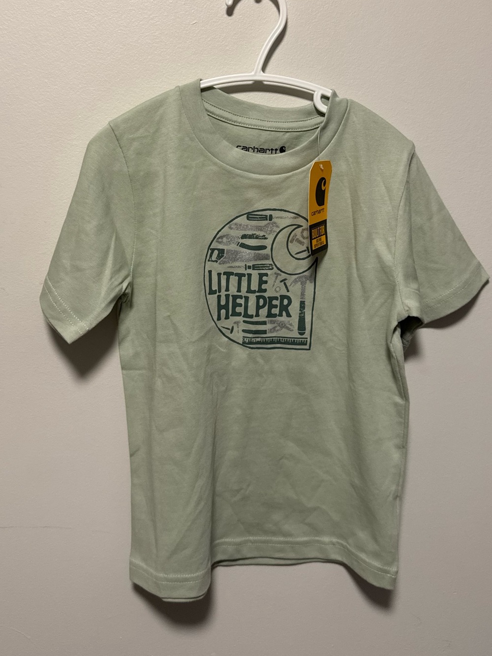 Carhartt Kids Short Sleeve Tee in Pale Green with 'Little Helper' Graphic